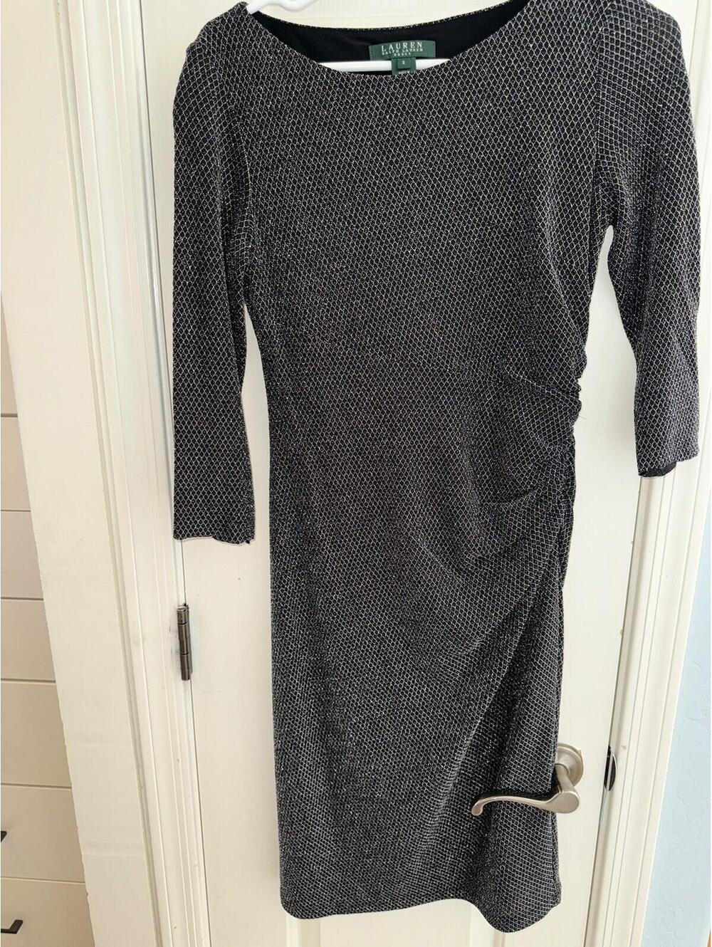 Lauren Ralph Lauren Metallic Ruched Sheath Dress SIZE 2 Black Silver 3/4 Sleeves